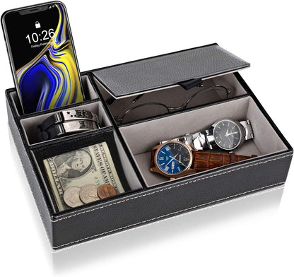 Baoyun Mens Valet Tray Organizer, Mens Jewelry Box, Nightstand Organizer for Men with 5 compartments, Faux Leather Key Tray for Entryway Table, Bedside Storage for Watch, Coin, Phone Gifts for Men