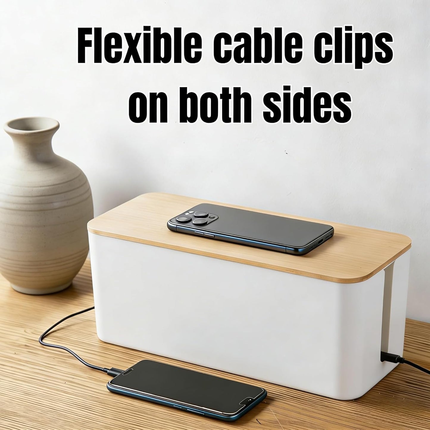 1 Large + 1 Small Cable Management Box Set – 2-Piece Cord Organizer Box, Home Office Desk Wire Storage & Cable Management Solution (Acryliclid lid/Black)