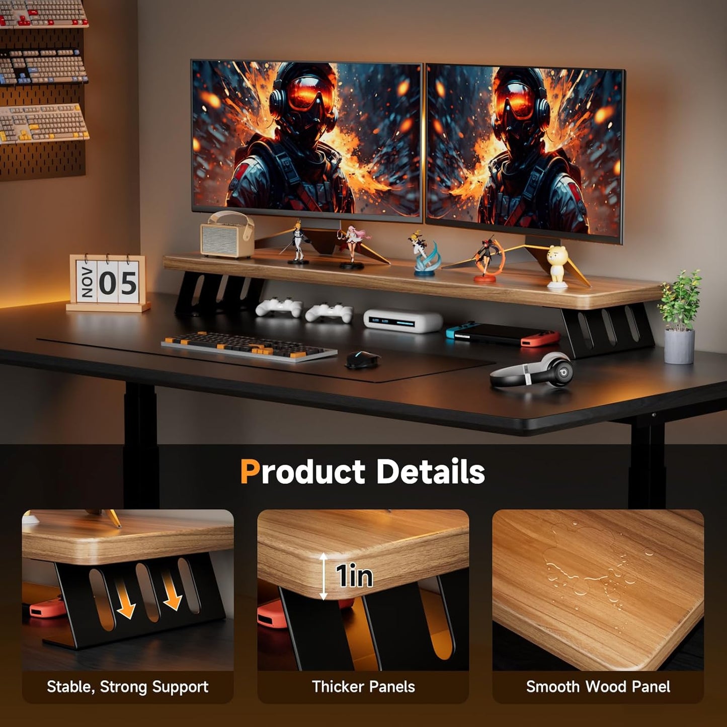 Monitor Stand Riser, 39 Inch Large Wood Monitor Stands for 2 Monitors