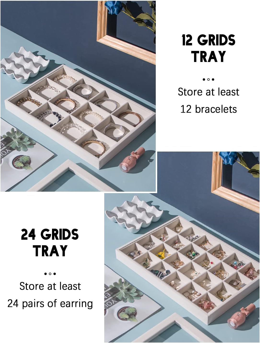 Coward Stackable Jewelry Trays Organizer Set with Clear Lid, Trays for Drawer, Earring Necklace Bracelet Ring Display Organizer (beige(ring+12girds+30girds+The glass lid))