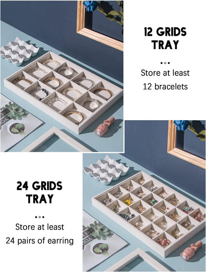Coward Stackable Jewelry Trays Organizer Set with Clear Lid, Trays for Drawer, Earring Necklace Bracelet Ring Display Organizer (beige(ring+12girds+30girds+The glass lid))