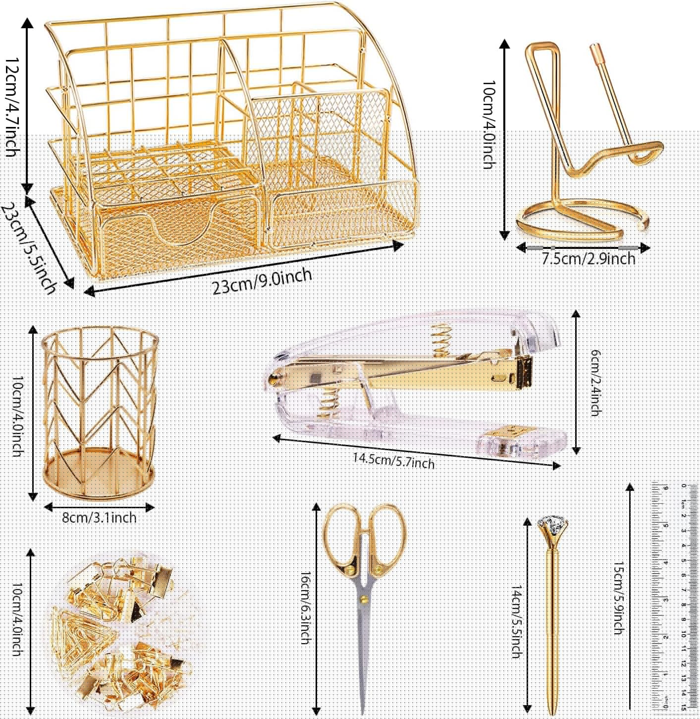 KAAKOW Gold Desk Organizers and Accessories Office Supplies Set Stapler, Pen Holder, Phone Holder, Scissors, Pen, Ruler, 30 Paper Clips, 22 Binder Clip, 20 Tacks and 1000pcs Staples (Gold)