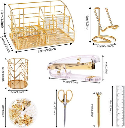 KAAKOW Gold Desk Organizers and Accessories Office Supplies Set Stapler, Pen Holder, Phone Holder, Scissors, Pen, Ruler, 30 Paper Clips, 22 Binder Clip, 20 Tacks and 1000pcs Staples (Gold)