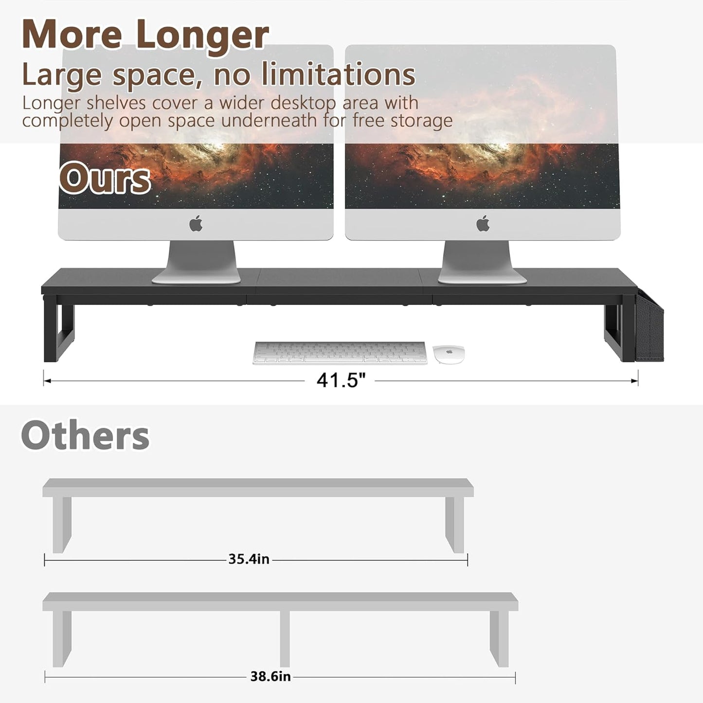 LAND·VOI Heavy Duty Dual Monitor Stand, Holds 2 Screens Up to 27 Inches, Adjustable Length and Angle Monitor Riser, Desk Organizer with Side Pockets and Drawers, Home Office Desk Storage, Rustic Brown