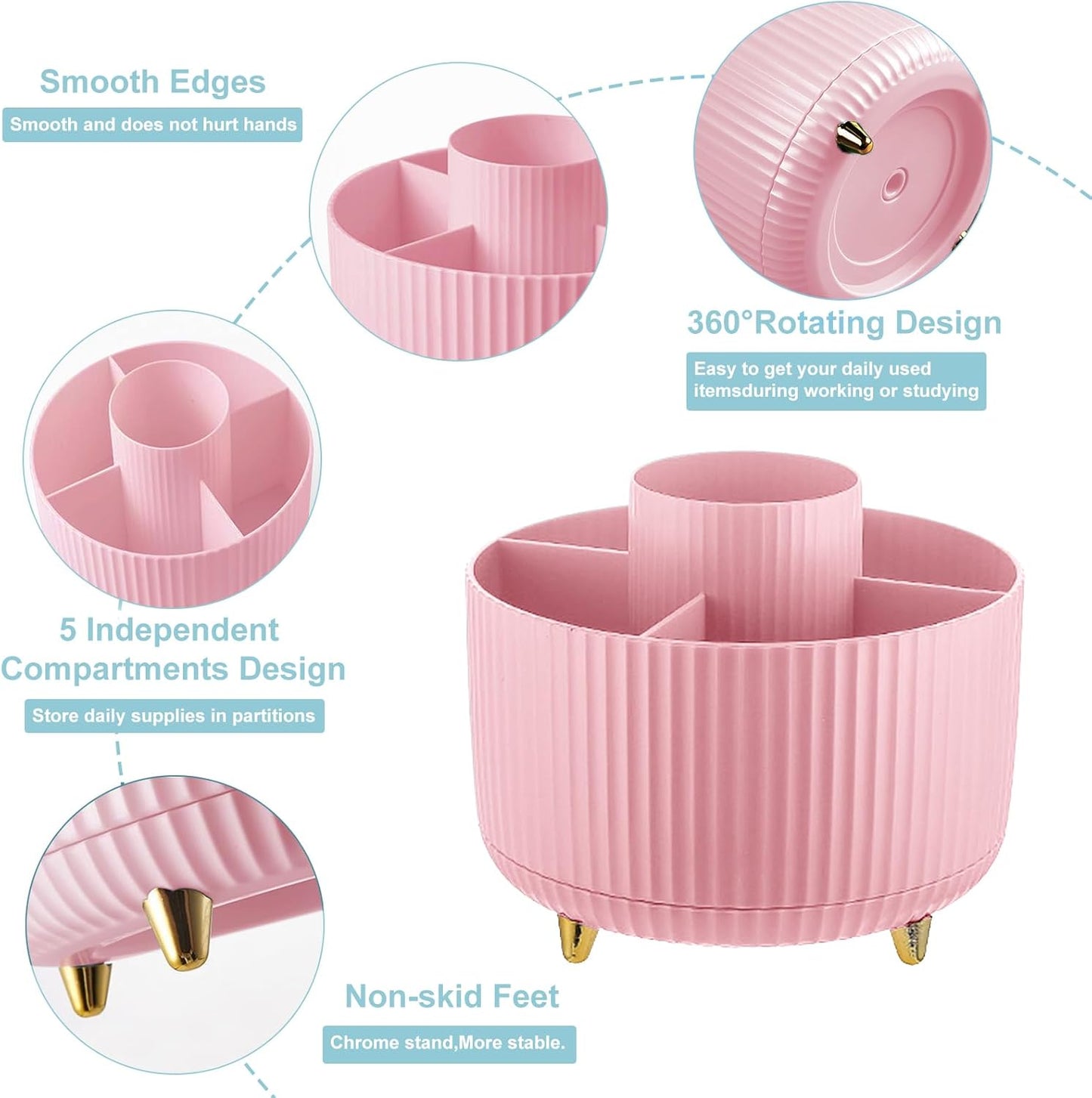Cayxenful Pencil Holder For Desk,5 Slots 360°Degree Rotating Desk Organizers And Accessories,Desktop Storage Stationery Supplies Organizer, Cute Pencil Cup Pot For Office, School, Home (B-White)