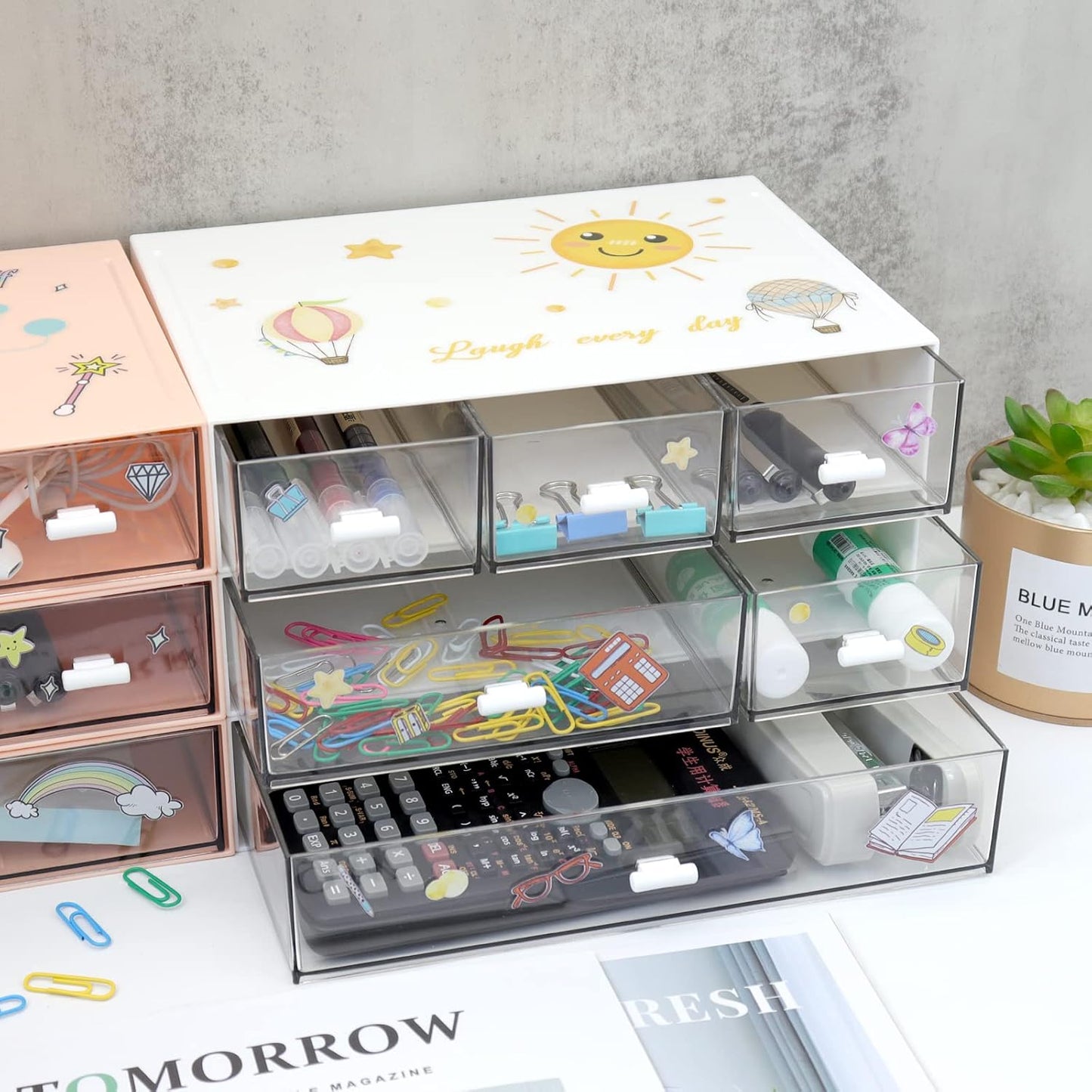 3 Tier Stackable Desk Organizer With 6 Drawers - Plastic Storage for Makeup and Desktop Organization (White)