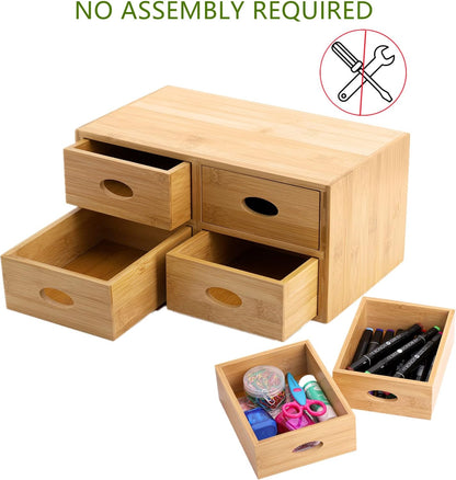 ZOOFOX Bamboo Desk Organizer, 100% Natural Bamboo Tabletop Storage Box with 4 Drawers, Night Stand Table Organizer, Wooden Desktop Drawer Organizer for Makeup Vanity Office Supplies
