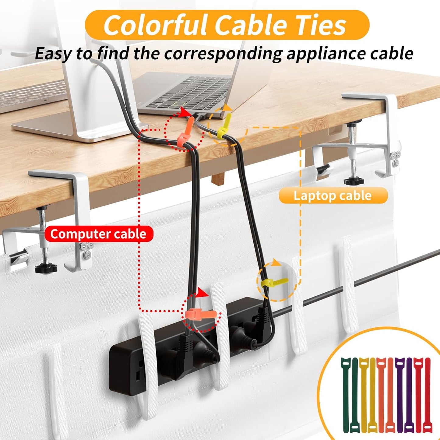 Under Desk Cable Management Tray with Clamp, No Drill 36" Cord Organizer for Desk, Desk Cable Management Fabric Tray for Standing Desks, Ideal for Home & Office - White
