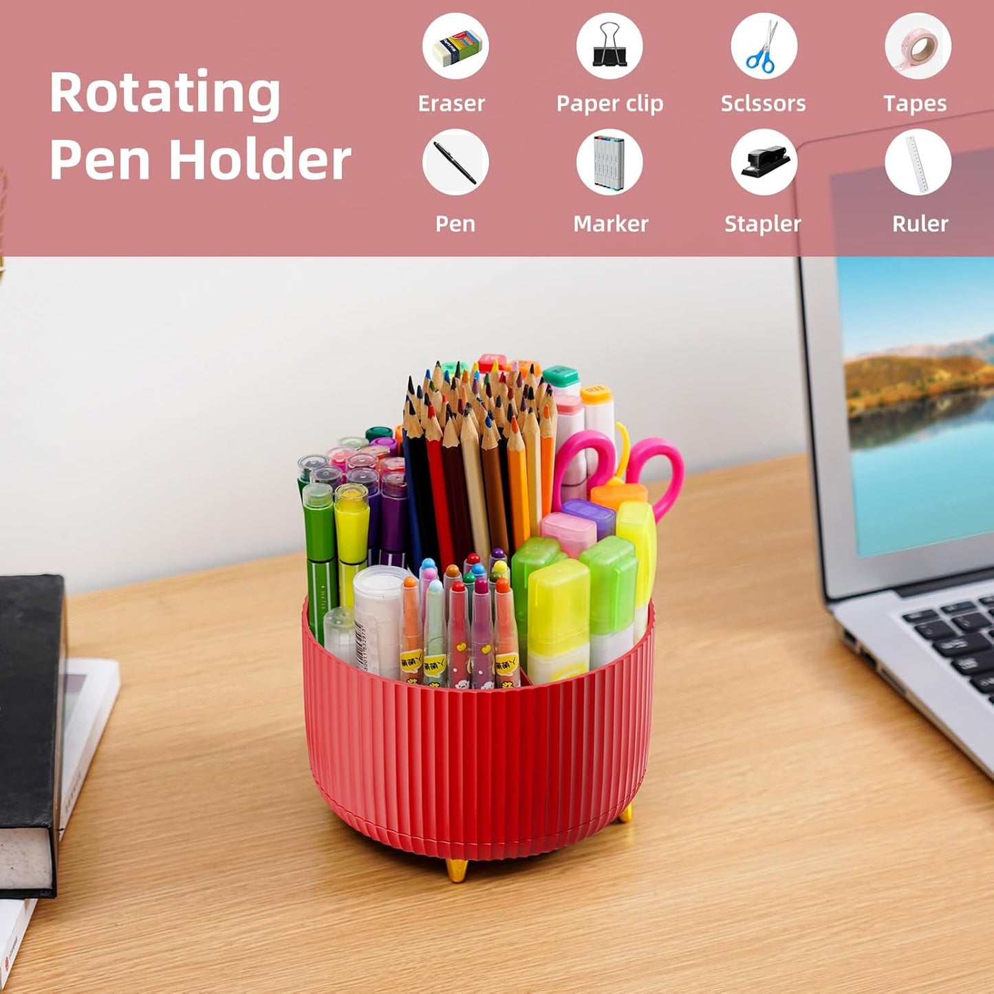Marbrasse Desk Organizer, 360-Degree Rotating Pen Holder, Desk Organizers and Accessories with 5 Compartments Pencil Holder, Art Supply Storage Box Caddy for Office, Home（White）