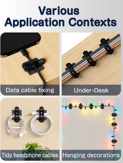 Viaky Under Desk Cable Management, 10-Pack Adjustable Adhesive Cable Clips with Silicone Straps, Multi-Purpose Wire Cord Organizers for PC, TV and Office Desk