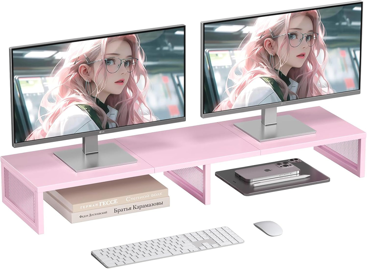 Dual Computer Monitor Stand Riser, Desk Organizers and Accessories, Printer & TV Stand, Desk Shelf, Office Desk Accessories & Desktop Workspace Organizer for Office Supplies, Black