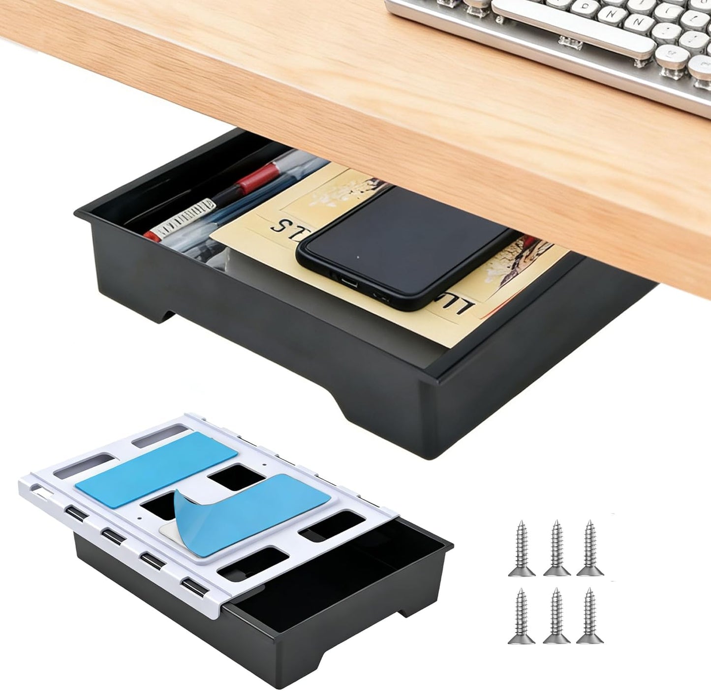 Upgraded Super Capacity 11.85 "x 8.9" Under Desk Drawer Hidden Strorage Drawer Self-Adhesive Slide Out with Smooth Gliding Motion - Attachable & Space-Saving Under Desk Organizer with Screw Kit, Black
