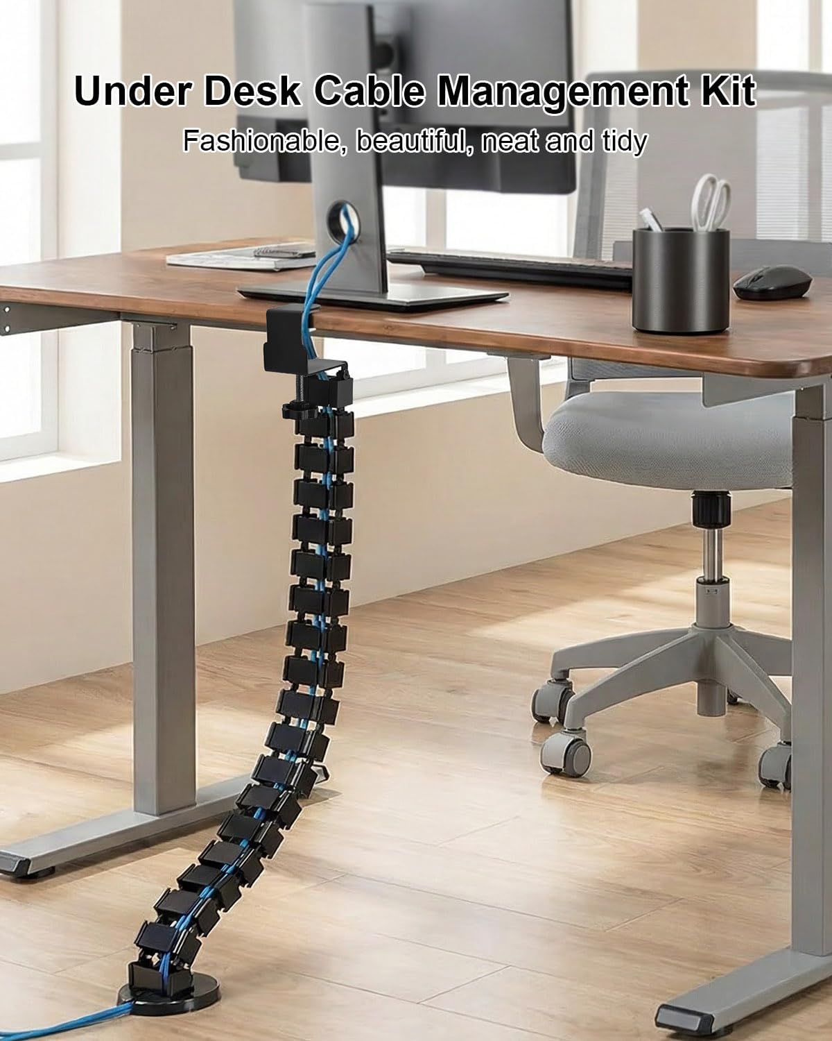 No Drill Clamp-On Under Desk Cable Management Kit, Adjustable Vertebrae Cord Organizer, Flexible Under Desk Wire Management for Standing Desk, Black