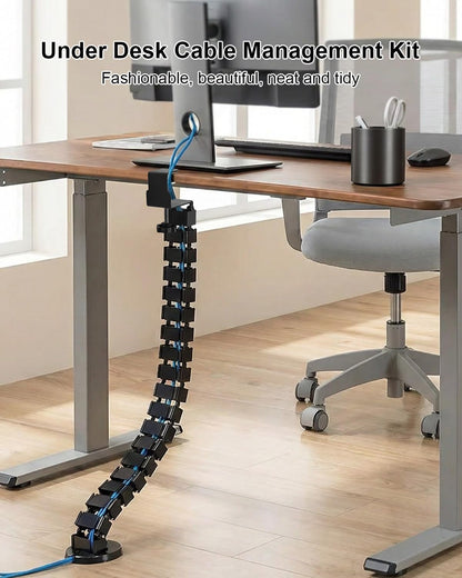 No Drill Clamp-On Under Desk Cable Management Kit, Adjustable Vertebrae Cord Organizer, Flexible Under Desk Wire Management for Standing Desk, Black