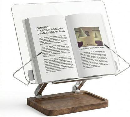 muso wood Acrylic Book Stand for Reading, Adjustable Book Holder with Walnut Storage and Elastic Clips, Desktop Riser Stand for Cookbook, Magazine, Tablet, Laptop