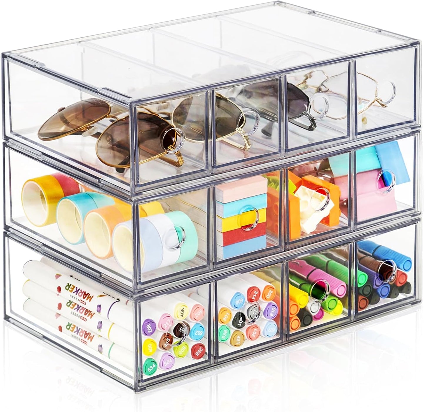 Desk Organizer with 4 Drawers, FODIENS Stackable Desktop Storage Box with Removable Drawer, Clear Sunglasses Organizer Display Case for Stationery Marker Pens Eyeglasses Office Supply