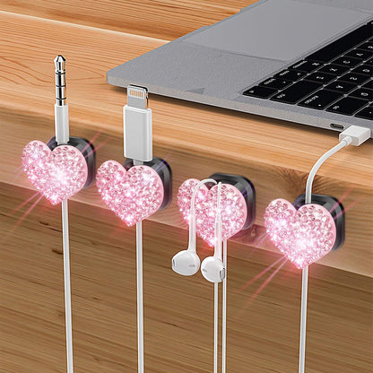 Bling Cord Organizer Holder,Heart Shape Magnetic Cable Clips with Strong Adhesive，Desk Cable Holder & Phone Charging Cords Wire Management for Home,Office,Car,Nightstand (Pink 4 Pack)