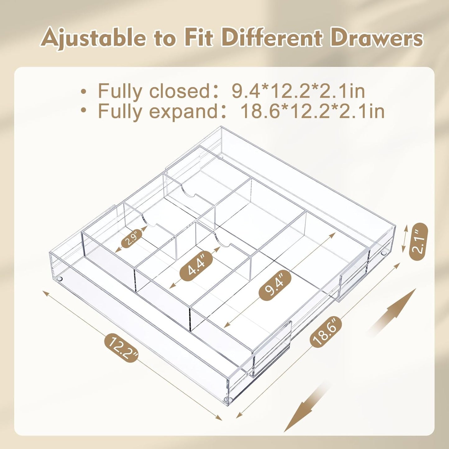 Briwooody 1 Pcs Acrylic Desk Drawer Organizer 9'' up to 16'' x 12'' x 2.2'' Expandable Drawer Organizer Trays with 10 Adjustable Compartments Clear Desk Accessories for Makeup Office Bathroom