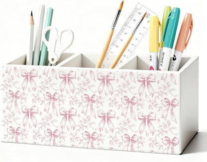 Purple Coquette Bow Pen Pencil Holder for Desk, Girly Office Decor, Preppy Purple Bow Aesthetic Wooden Box Sign Decorations for Girly Room Bedroom Dorm Office Desk Tabletop