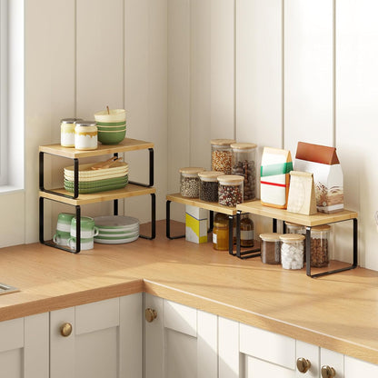 HOOBRO Cabinet Organizer Shelf, Set of 2 Kitchen Counter Shelves, Expandable Kitchen Storage, Stackable Bamboo Spice Rack, for Kitchen, Countertop, Office Desk, Bathroom, Natural and White YW30TL01