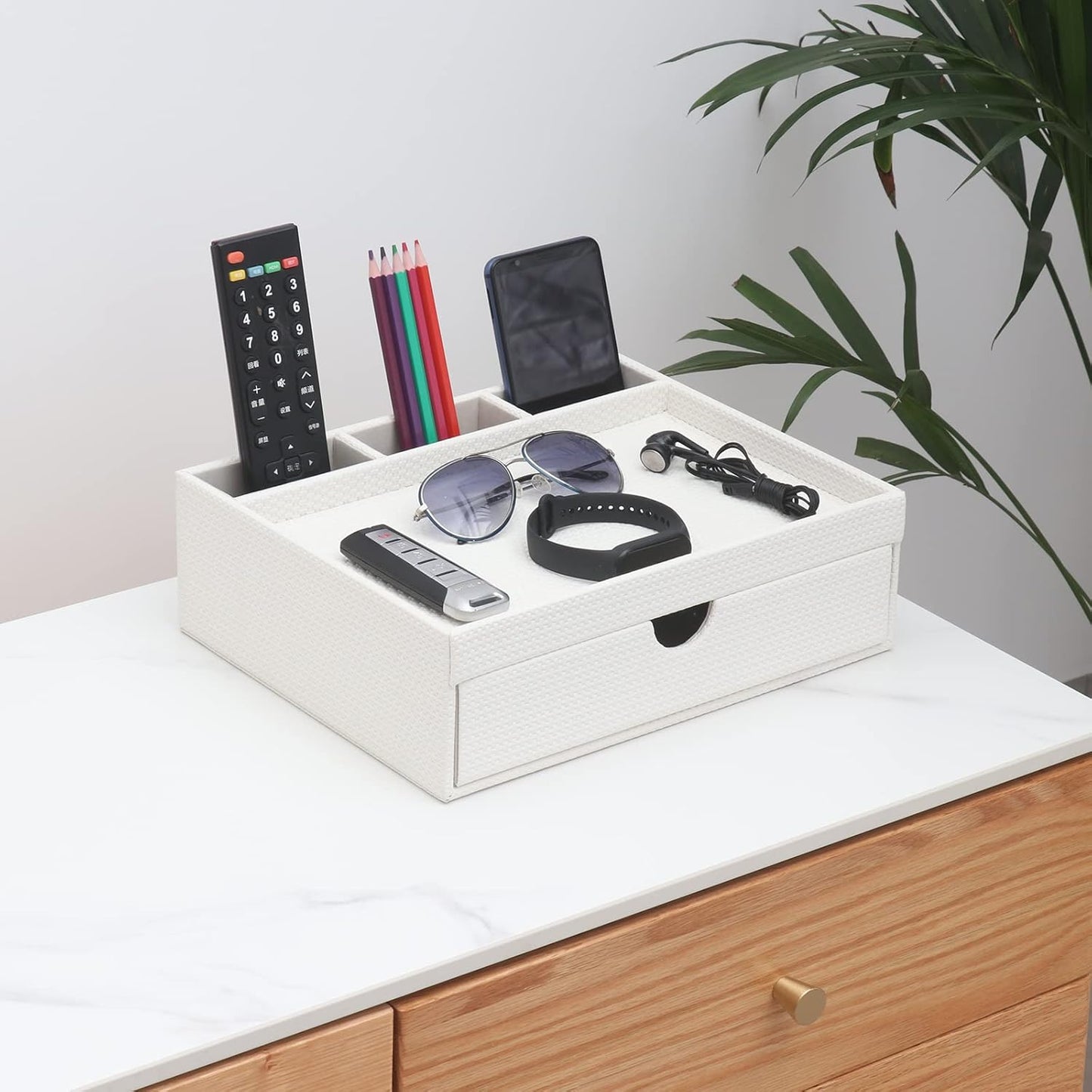 Leather Desk Organizer With Drawers, Home Cosmetics & Phone Remote Organizer, Drawer Plus Divider & Tray (white)