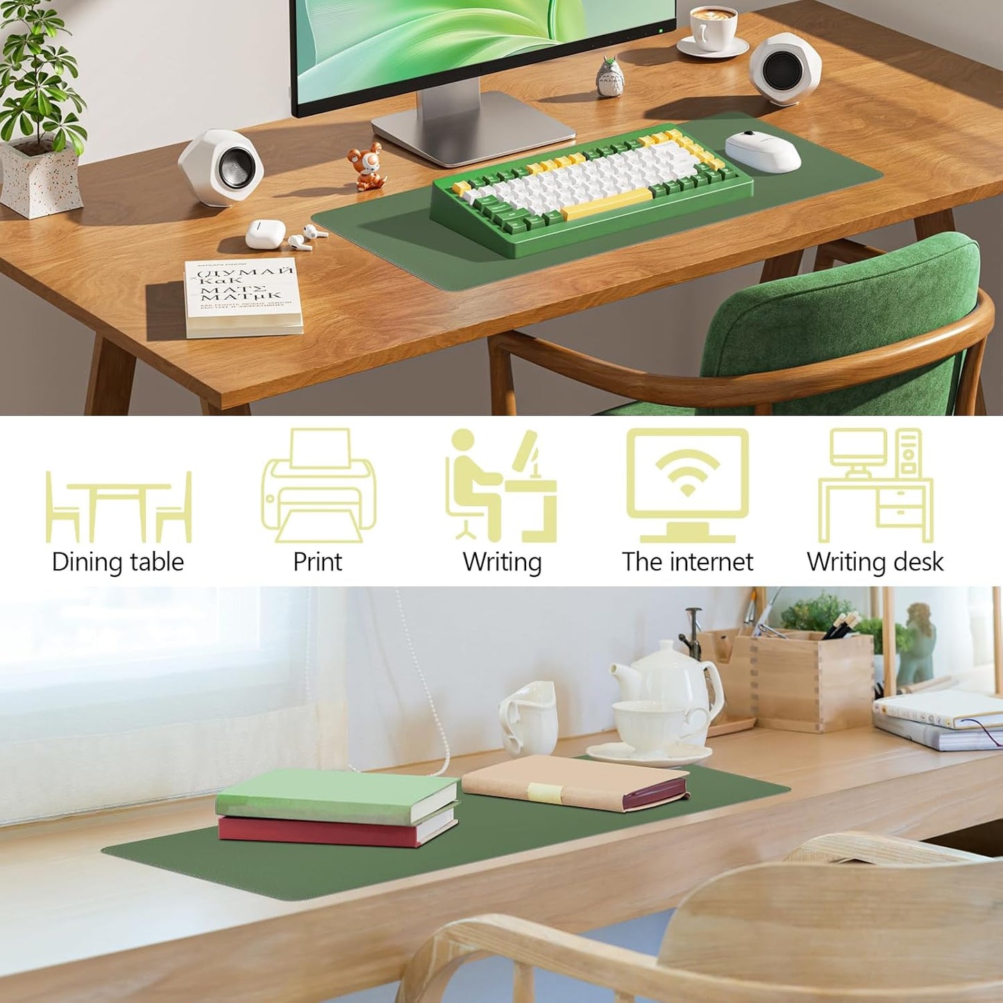 Green Desk Pad and Keyboard Wrist Rest, 3in1 Mousepad + Keyboard Wrist Rest+Mouse Wrist Rest for Home Office Table Computer Cover. (31.5×15.7,Green)
