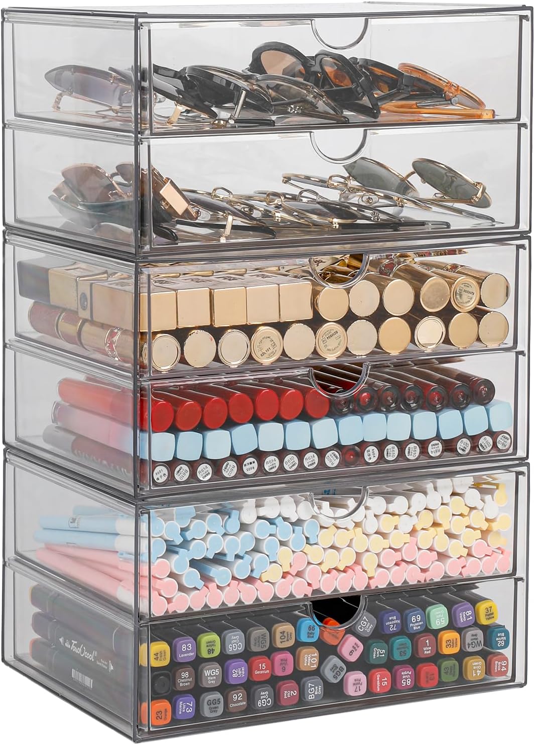 Clear Desk Organizers and Accessories, Plastic Drawer Organizer for Home Office Supplies, Marker Pen, Notebooks, Art Crafts, Stackable Makeup Storage Box for Bathroom Vanity (4 Drawers)