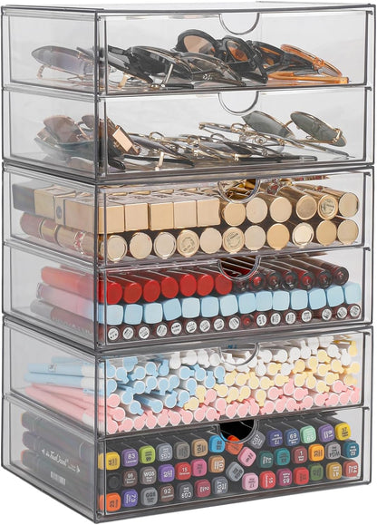 Clear Desk Organizers and Accessories, Plastic Drawer Organizer for Home Office Supplies, Marker Pen, Notebooks, Art Crafts, Stackable Makeup Storage Box for Bathroom Vanity (4 Drawers)