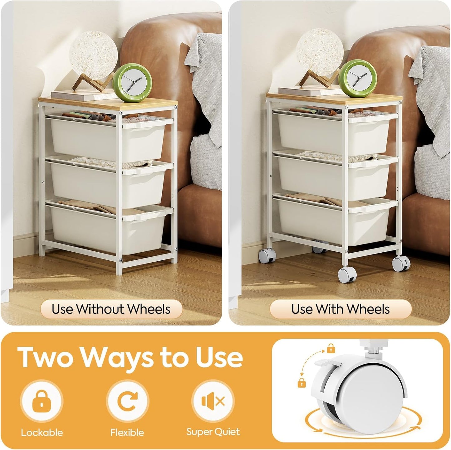 Rolling Storage Cart with 3 Drawers, Craft Organizer, Wooden Tabletop Utility Cart for Bedroom, Children's Room and Office Organization, Under Desk Trolley with Lockable Wheels,White
