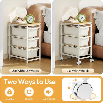 Rolling Storage Cart with 3 Drawers, Craft Organizer, Wooden Tabletop Utility Cart for Bedroom, Children's Room and Office Organization, Under Desk Trolley with Lockable Wheels,White