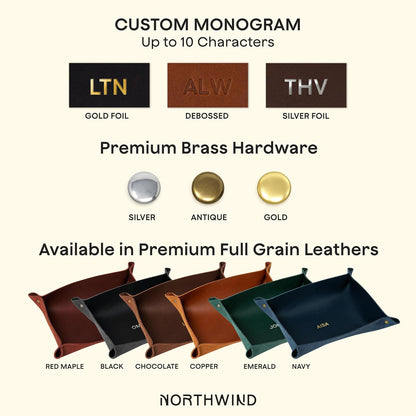 Northwind Personalized Leather Valet Tray – Made in USA - Custom Monogramed Full Grain Leather Catchall Tray for Men, Desk Organizer & Groomsmen Gift, Perfect Storage for Nightstand, Dresser