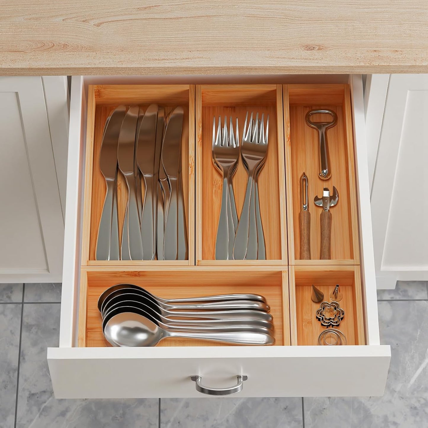 Bamboo Drawer Organizer Boxes, 5 PCS Junk Drawer Organizer, Wooden Storage Trays for Kitchen, Bathroom, Office, Makeup