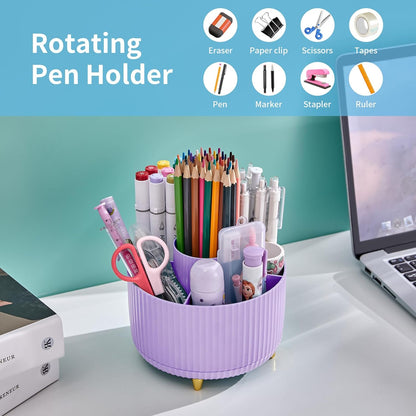 Marbrasse Desk Organizer, 360-Degree Rotating Pen Holder, Desk Organizers and Accessories with 5 Compartments Pencil Holder, Art Supply Storage Box Caddy for Office, Home（White）