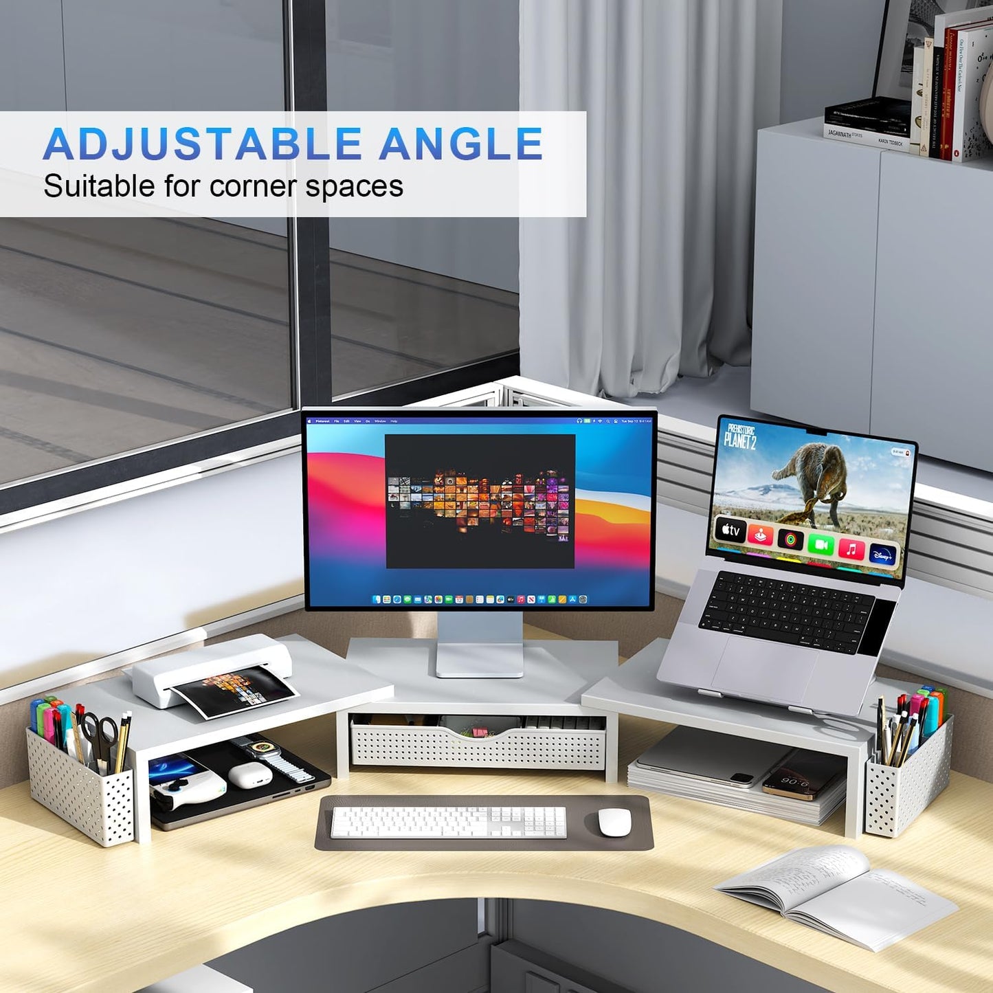 gianotter Dual Monitor Stand Riser, Desk Organizer With Drawer and 2 Pen Holders, Computer Monitor Stand, Shelf for Top of Desk, Black