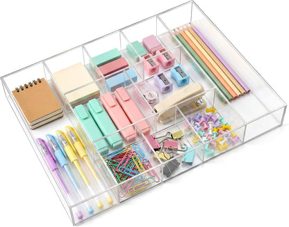Large Acrylic Desk Deep Drawer Organizer with Adjustable Dividers, Anti-skip Clear Desk Top Junk Drawer Storage Tray for Pens, Desktop, Office, Bathroom, Kitchen, Makeup Supplies(7 Compartments)