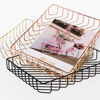 Rose Gold File Organizer for Desk Letter Size Desk Paper Organizer Trays Large Capacity Metal File Organizer Paper Tray Wire Basket Bins for Office Desktop,12.5" x 9.4" x 1.9"