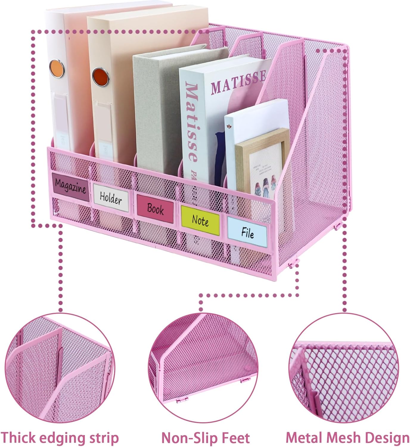 Desk Organizers, Metal Magazine File Holder with 5 Vertical Compartments Rack Binder File Organizer for Office Supplies, Home Workspace - Black