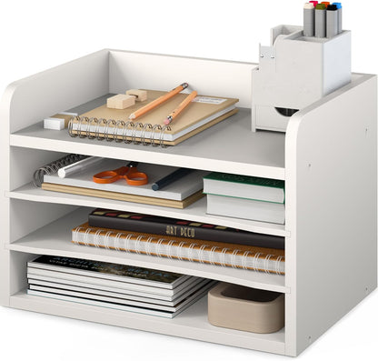 Ballucci 4-Tier Paper Organizer for Desk, Stackable Organizer Tray, Desk Storage Shelves, Stacking Letter Paper Tray Sorter for Classroom, Office, White