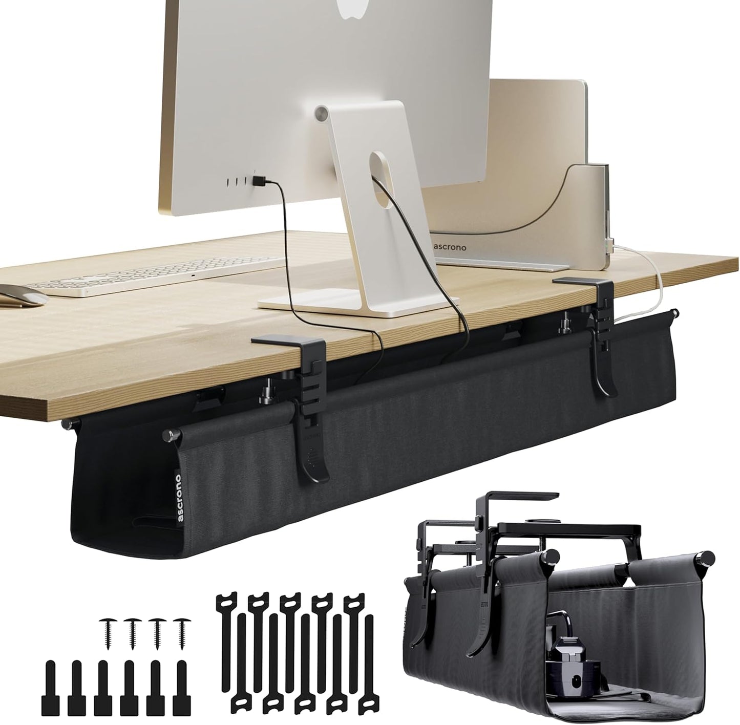 Ascrono Original No Drill Under Desk Cable Management Tray 27.3" - Premium White Fabric Cable Management Under Desk - Clamp/Screw Mount Cord Organizer - Supports Upto 66lbs