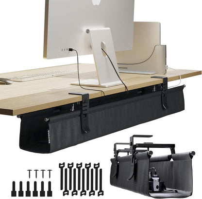 Ascrono Original No Drill Under Desk Cable Management Tray 27.3" - Premium White Fabric Cable Management Under Desk - Clamp/Screw Mount Cord Organizer - Supports Upto 66lbs