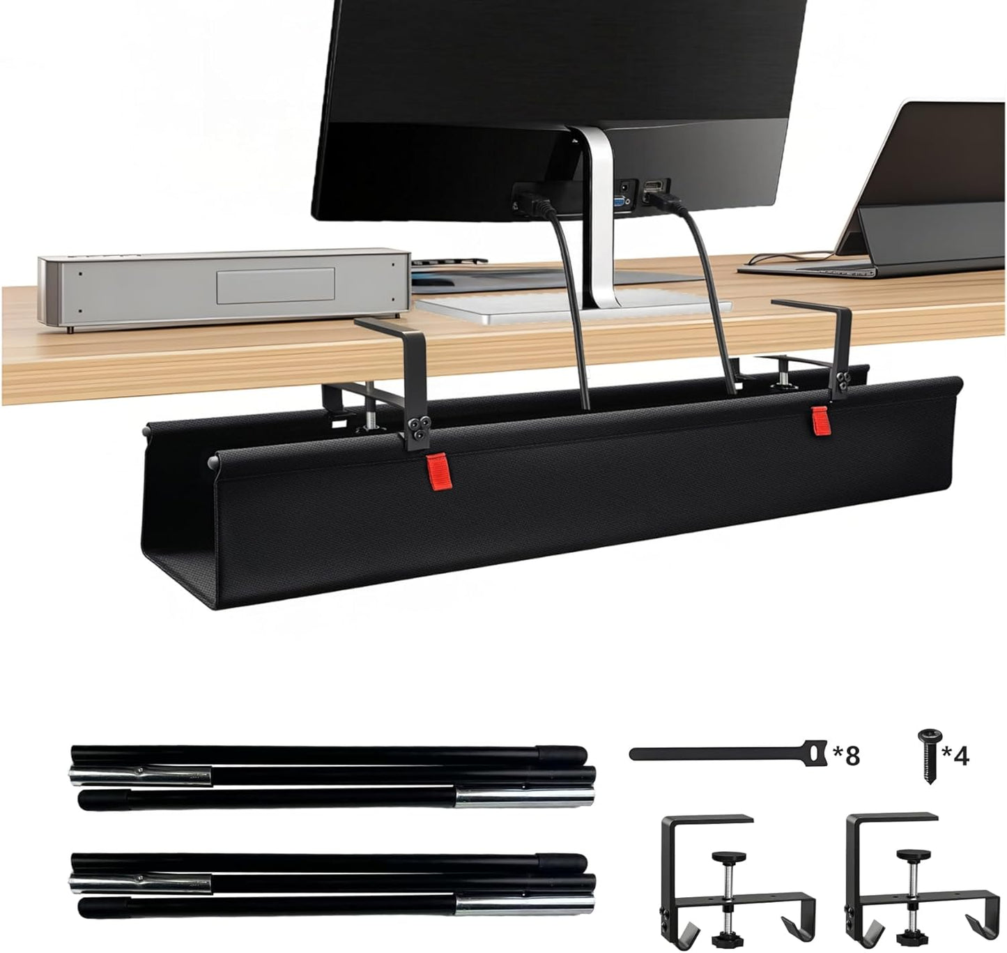 36" No Drill Under Desk Cable Management Tray - Upgraded Oxford Fabric with Cable Loop, No Damage to Table for Standing Desks and Home Office (Large (36 Inch))