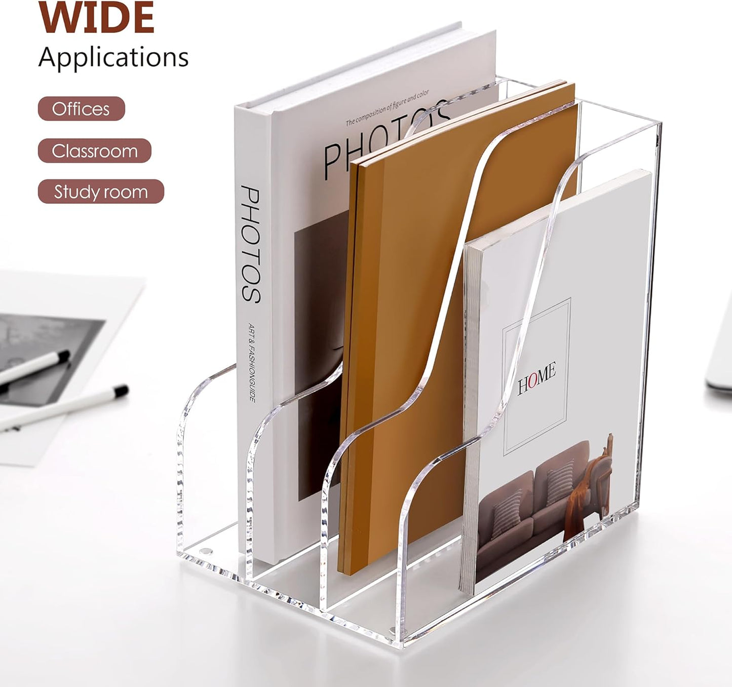 SANRUI Acrylic File Organizer, Clear Magazine File Holder Desk Organizer for Office Organization and Storage with 5 Vertical Compartments, Desktop Bookshelf for Home Office Organization