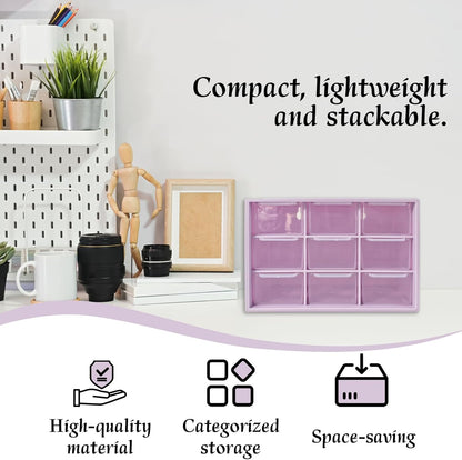 Small Drawer Organizer for Desk, 7.1" x 3.8" x 4.6" Mini Desktop Drawer Organizer with 9 Clear Drawers, Compact Craft & Office Supplies Organizer for Home School (Pink)