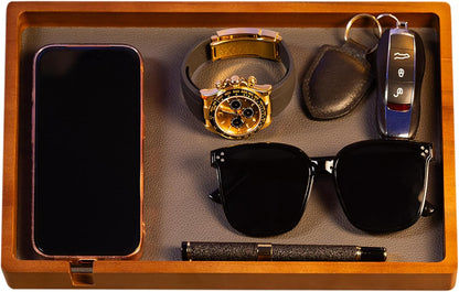 Shinpuru Wooden Valet Tray for Men, Nightstand Organizer with Leather Inlay, EDC Essentials Catchall Tray for Keys, Phone, Wallet, Watch, Earbuds - Bedside Desk Entryway Tray (Wood)