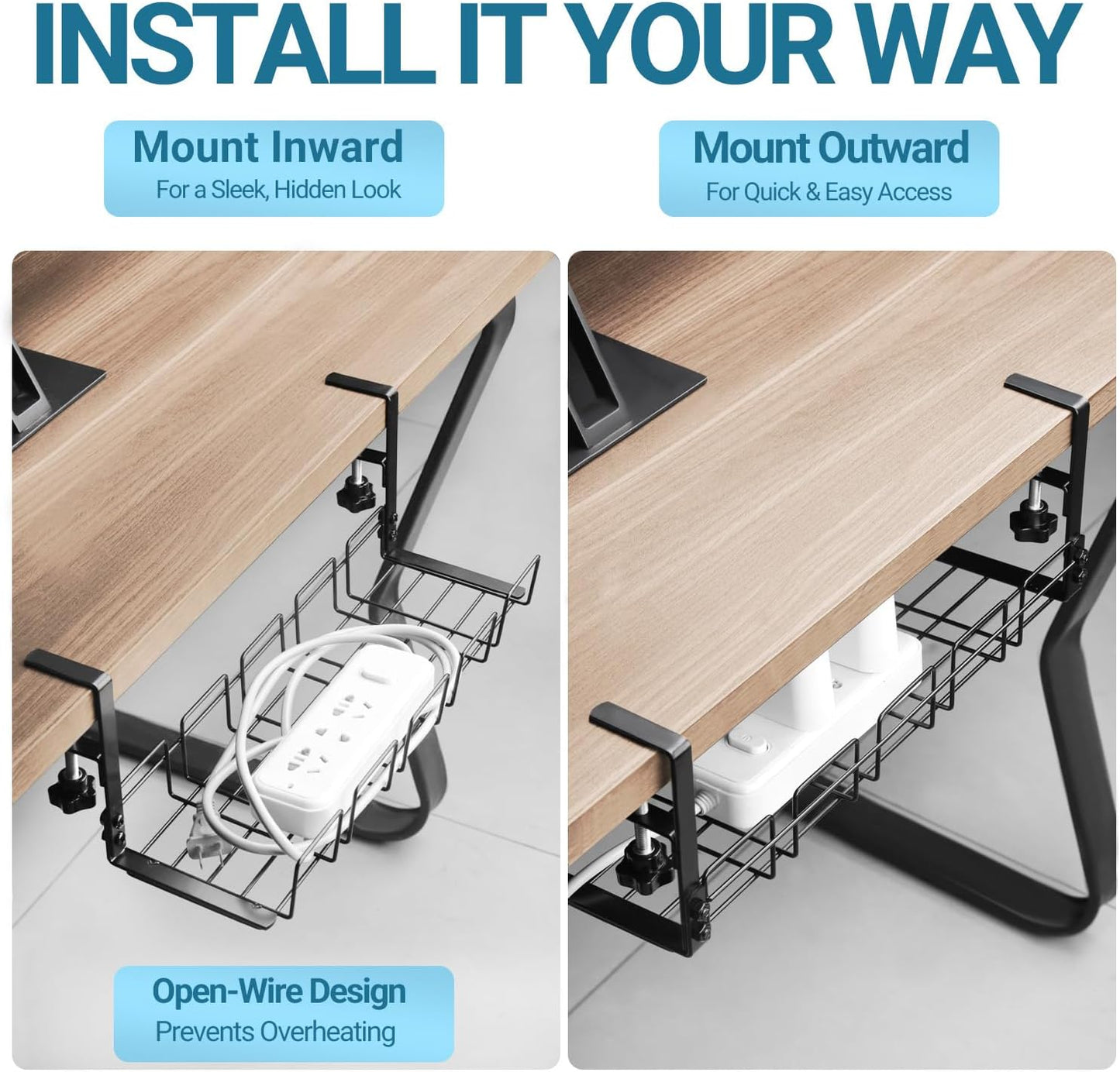 Under Desk Cable Management Tray, 15.7'' Metal Wire Organizer with Clamp, No Drill Desk Cord Rack for Cable Management, Computer Wire Organizer for Office and Home, Sturdy & Scratch-Free