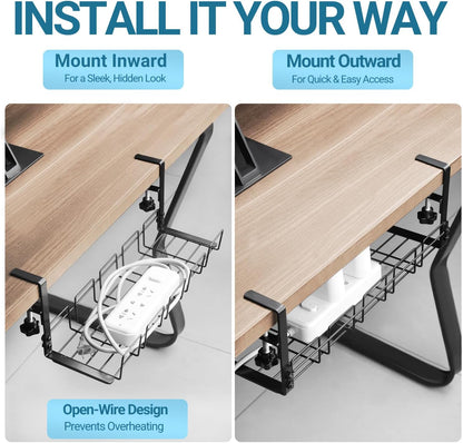Under Desk Cable Management Tray, 15.7'' Metal Wire Organizer with Clamp, No Drill Desk Cord Rack for Cable Management, Computer Wire Organizer for Office and Home, Sturdy & Scratch-Free
