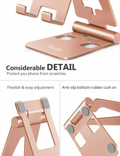 Aoviho Cell Phone Stand for Desk, Adjustable Desktop Phone Holder Stand, Foldable Moblie Phone Dock for iPhone17 16 15 14 13 12 11 Pro Xs Max Xr X 8 7 6 5 5s SE Nintendo Switch All Phones, Pink