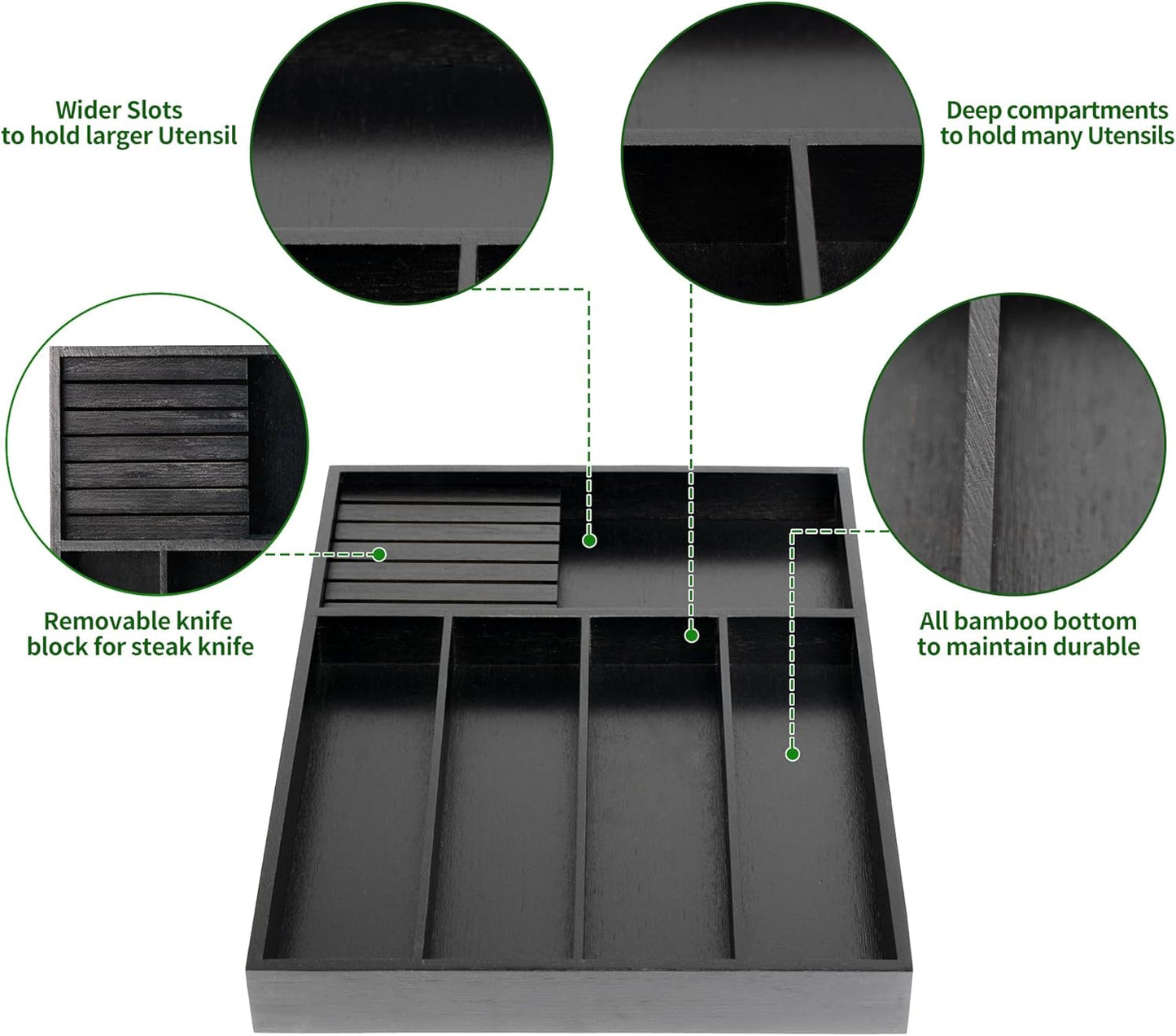 VaeFae Bamboo Silverware Drawer Organizer Kitchen, Expandable Utensil Organizer with Knife Block, Cutlery Tray with Divider, Multifunctional Drawer Organizer