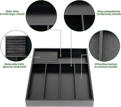 VaeFae Bamboo Silverware Drawer Organizer Kitchen, Expandable Utensil Organizer with Knife Block, Cutlery Tray with Divider, Multifunctional Drawer Organizer