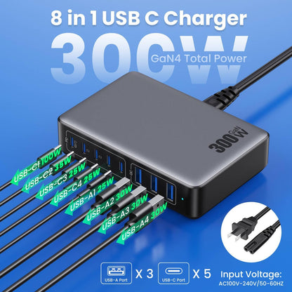 USB C Charger 200W USB C Charger Block,Upgraded GaN III 8-Port Fast Charging Station Hub,PD 65W Laptop Charging Adapter Compatible with MacBook Pro/Air,DELL,Steam Deck,iPhone 16/15/14,Galaxy S23/22